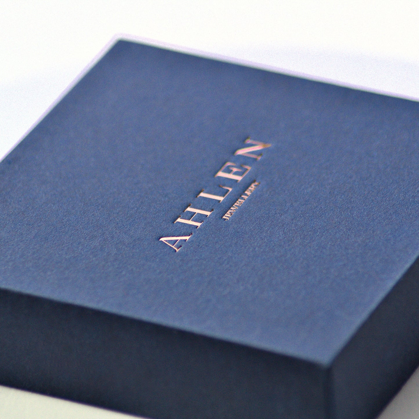 Ahlen Jewellery packaging gift box with logo close up.